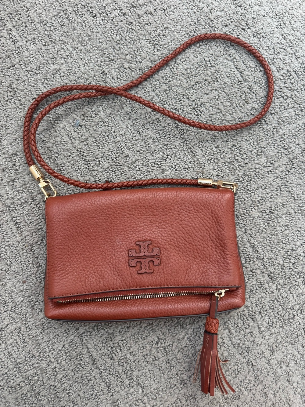 Tory Burch Rust Brown Pebbled Leather Crossbody with Tassel